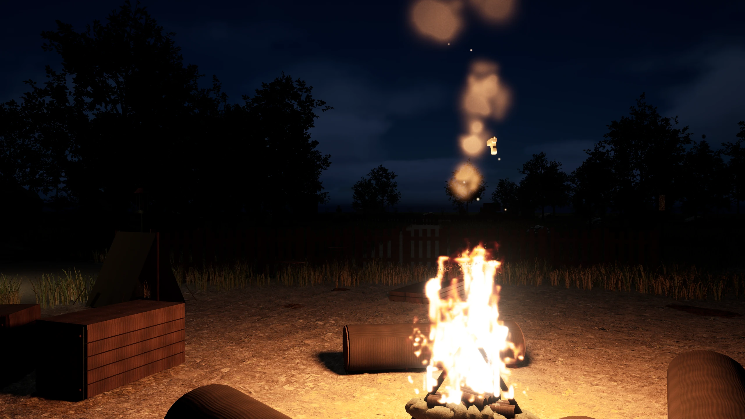 Campfire at dusk in the current No Dawn Promised build